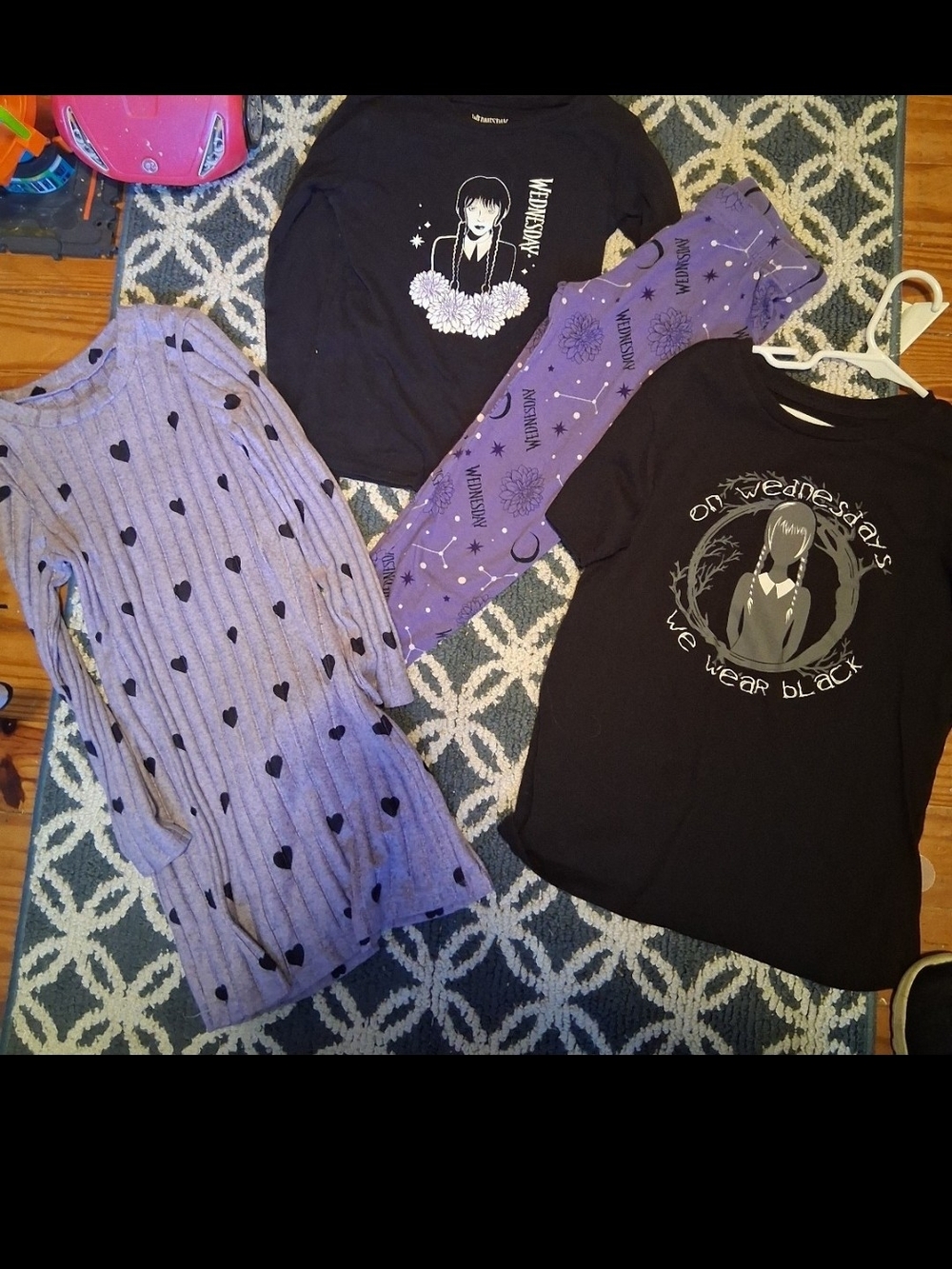 Girls' Wednesday Addams Black Graphic Tee and Purple Heart Dress and Pjs